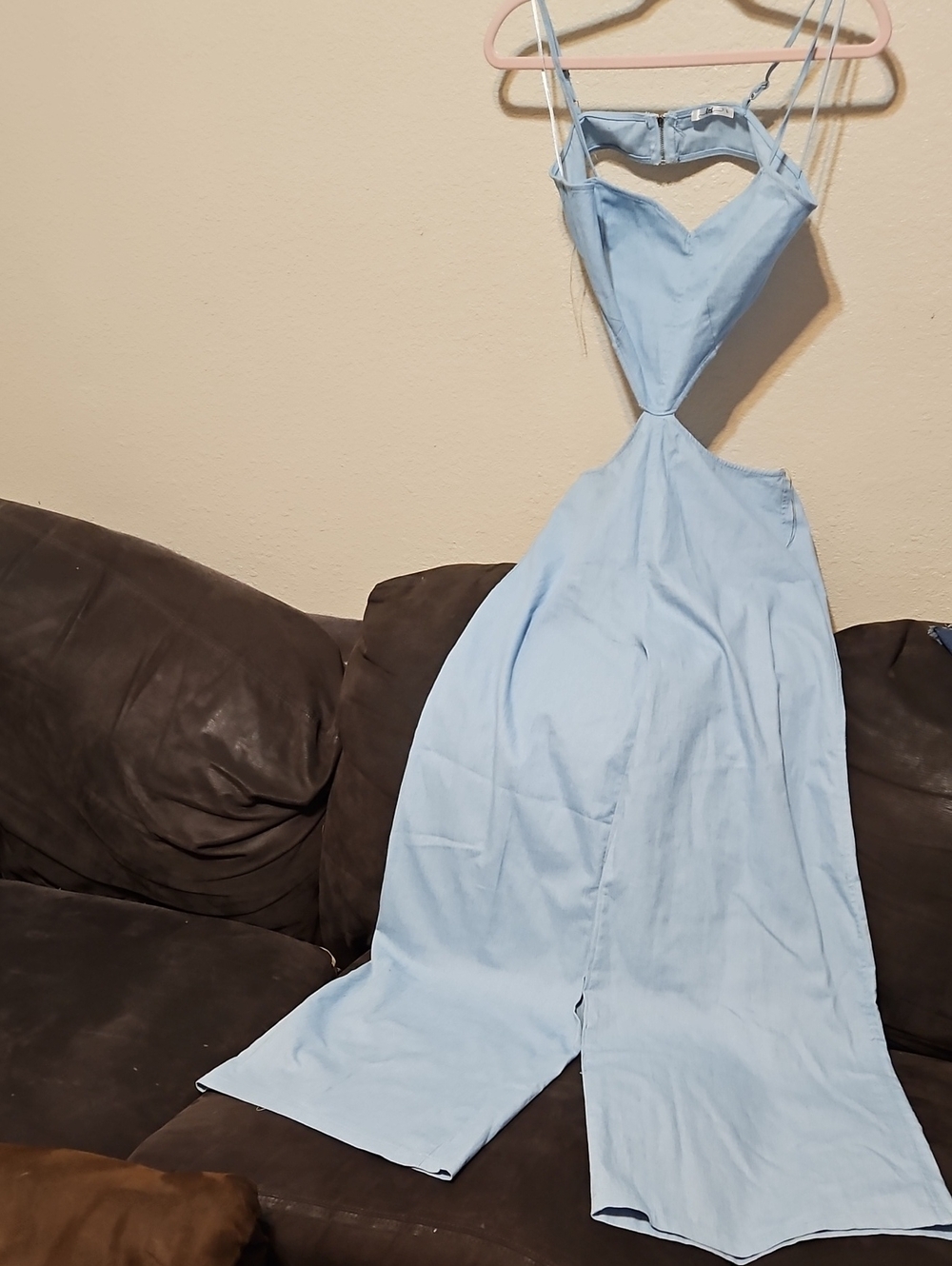 Sky-Blue Cutout Wide-Leg Jumpsuit with Spaghetti Straps